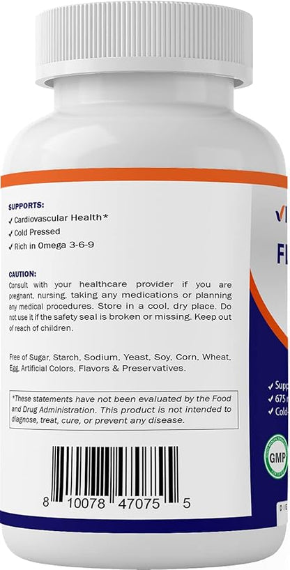 Vitamatic Flaxseed Oil 1200 mg – 120 Softgels Cold-Pressed Flaxseed Oil with 675 mg ALA Omega-3 – Supports Heart Health & Overall Wellness