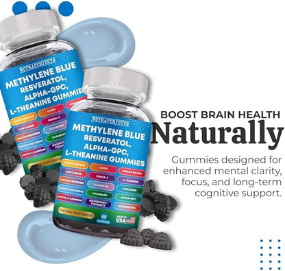 Sugar Free Methylene Blue Gummies Supplement with L-Theanine, DIM, Myo-Inositol, D-Chrio, Choline, DHA for Mental Clarity, Focus, Brain, Memory, Cognitive Support Vitality Performance Neuroprotection