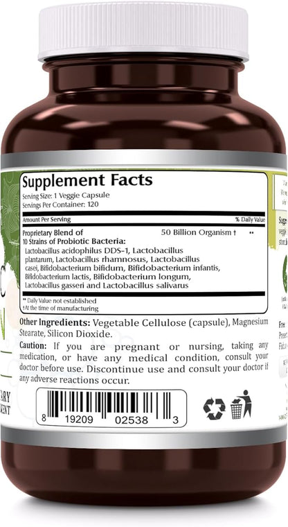 Probiotic 50 Billion with 10 Probiotics Strains Supplement | Veggie Capsules | Non-GMO | Gluten-Free | Made in USA (120 Count, 1 Pack)