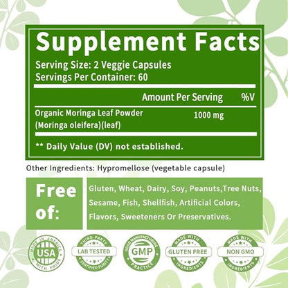 Pure Moringa Powder Capsules Organic Moringa Leaf Green Superfood Supports Energy Immunity Skin Gut and Joint Health Gluten Free Supplement 120ct