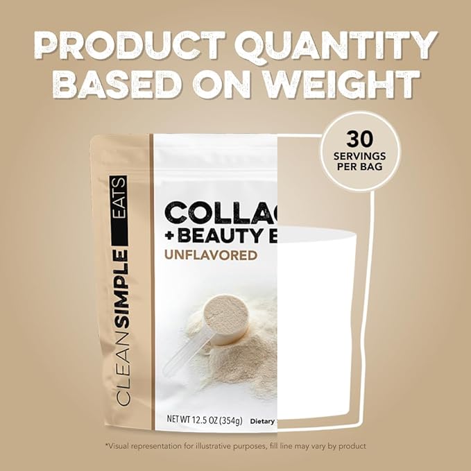 Clean Simple Eats Unflavored Super Collagen, Grass-Fed, Hydrolyzed Types I, II, & III Collagen, 30 Servings