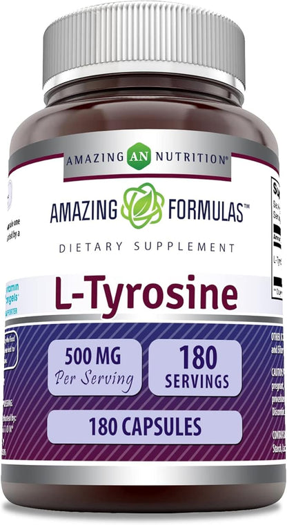 Amazing Formulas L-Tyrosine 500 mg Capsules | Amino Acid Supplement | Non-GMO | Gluten Free | Made in USA (180 Count)