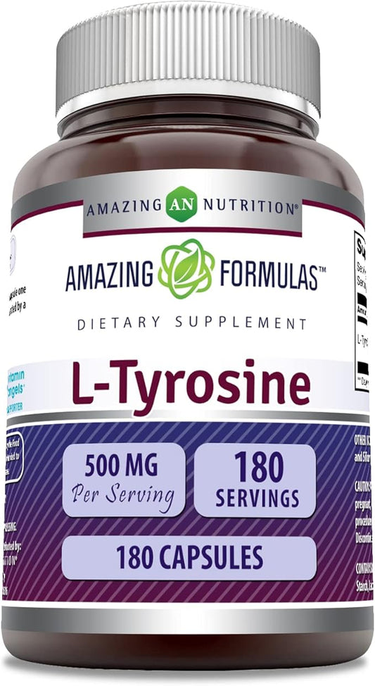 Amazing Formulas L-Tyrosine 500 mg Capsules | Amino Acid Supplement | Non-GMO | Gluten Free | Made in USA (180 Count)