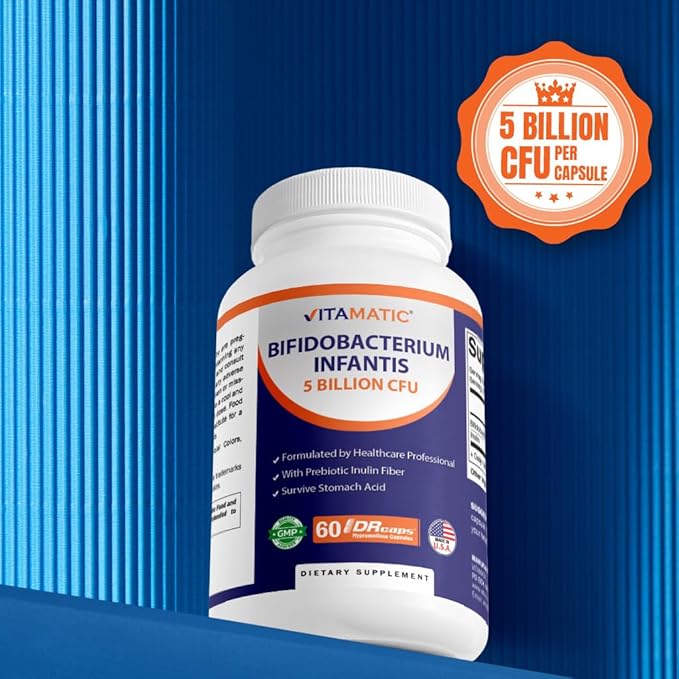 Vitamatic Bifidobacterium Infantis - 5 Billion per DR Capsule - 60 Count - Digestive Support - Made with Prebiotic Inulin Fiber