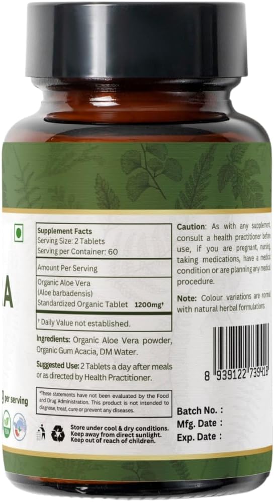 Aloe Vera 120 Tablets | Aloe Barbadensis (Aloe Vera) | USDA Organic Certified | Organic and Natural 120tab - Pack of 2