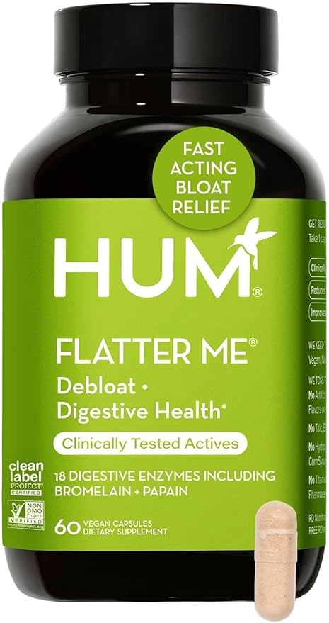 HUM Flatter Me Digestive Enzymes with Probiotics & Prebiotics - Fast-Acting Bloat Relief, Digestive Health and Regularity, Vegan Formula 60 Servings