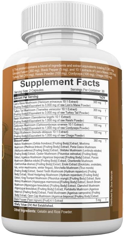 Lions Mane 300mg Turkey Tail 2000mg Cordyceps Chaga 1000mg Reishi 1000mg Maitake Meshima Poria Cocos Shiitake Oyster Porcini Enoki Mushroom Supplement (60Ct)