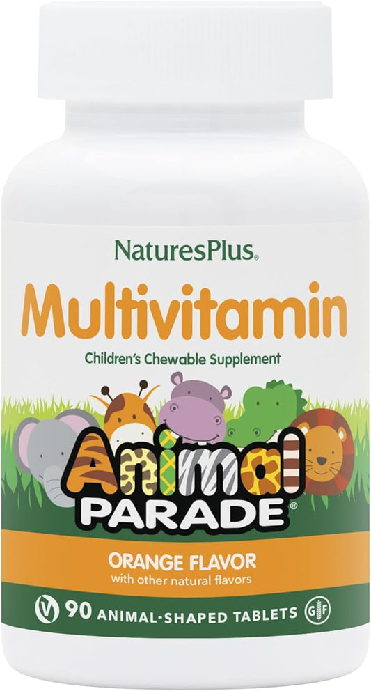 Natures Plus Animal Parade Children's Chewable Multivitamin - Orange Flavor - 90 Animal-Shaped Tablets - Promotes Health & Well-Being - Vegetarian, Gluten Free - 45 Servings