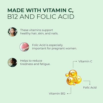 Gentle Iron Supplement for Adults I Iron bisglycinate with Vitamin C, B12, Folic Acid I Supports Red Blood Cell Formation & boosts Immunity - 90 Vegeterian Capsules, Gluten Free