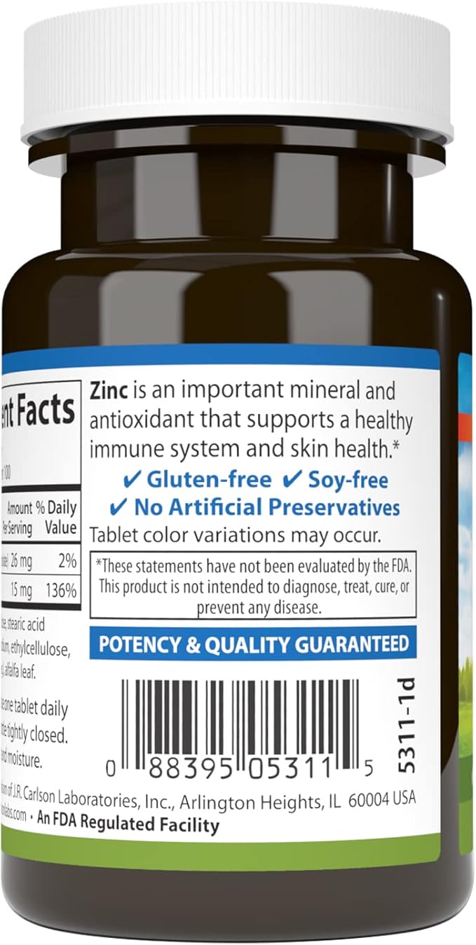 Carlson - Zinc, 15 mg, Zinc Supplement, Zinc Gluconate, Immune Support & Skin Health, Zinc Tablets, Antioxidant, Zinc Capsules, 100 Tablets