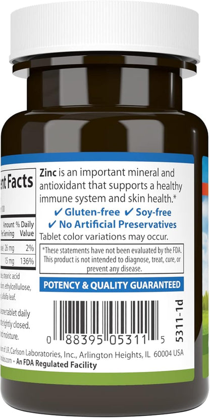 Carlson - Zinc, 15 mg, Zinc Supplement, Zinc Gluconate, Immune Support & Skin Health, Zinc Tablets, Antioxidant, Zinc Capsules, 100 Tablets