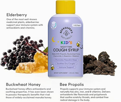 Beekeeper's Naturals Propolis Honey Cough Syrup Nighttime for Kids Immune Support with Propolis, Elderberry & Raw Honey - Sleep Support with Chamomile & L-Theanine - Gluten Free, 4 oz.