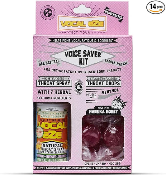 Vocal Eze Voice Saver Kit, Includes Vocal Herbal Throat Spray (1) and (12) Manuka Honey Drops | Relieve Sore, Hoarse, Fatigue, Dryness of Throat | Immune Support, Natural Ingredients (Strawberry)