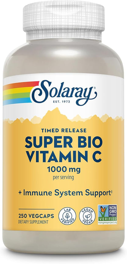 Solaray Super Bio Vitamin C 1000mg, Buffered, Time Release Capsules with Bioflavonoids, Two-Stage for High Absorption & All Day Immune Support, Vegan, 60 Day Guarantee, 125 Servings, 250 VegCaps