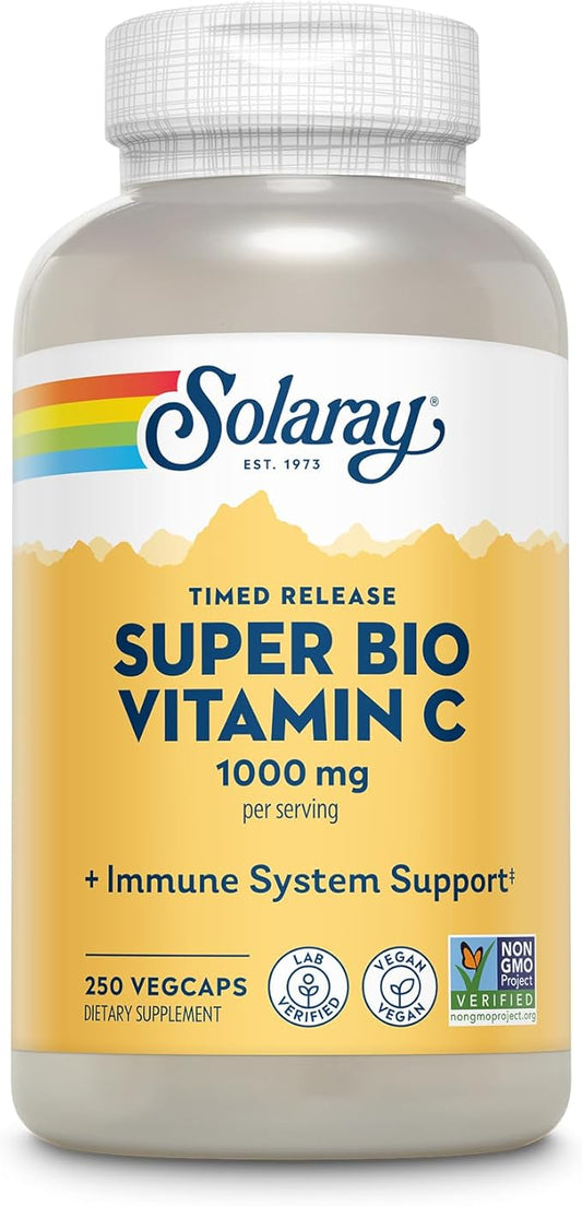Solaray Super Bio Vitamin C 1000mg, Buffered, Time Release Capsules with Bioflavonoids, Two-Stage for High Absorption & All Day Immune Support, Vegan, 60 Day Guarantee, 125 Servings, 250 VegCaps