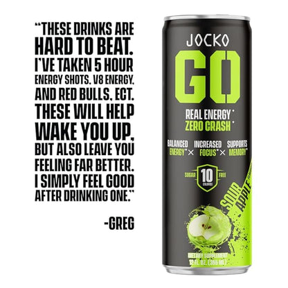 Jocko GO Energy Drink - KETO, Vitamin B12, Vitamin B6, Electrolytes, L Theanine, Magnesium- Energy Boost, Sugar Free Nootropic Monk Fruit Blend - 12 Pack (Sour Apple)