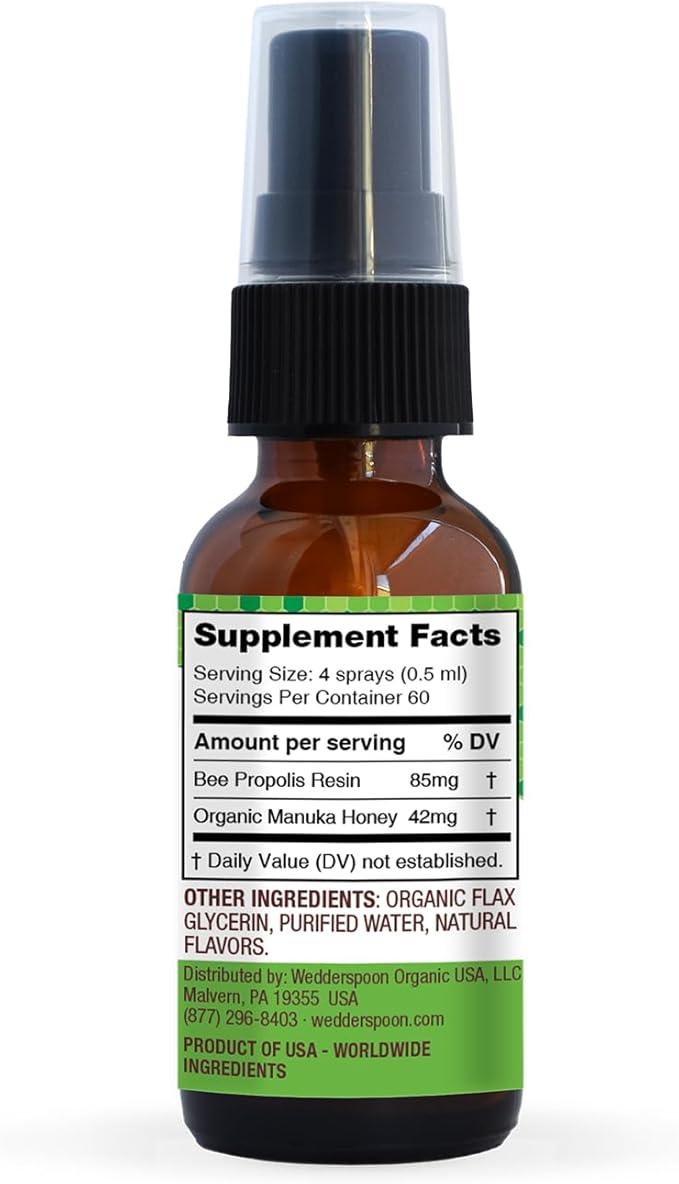 Wedderspoon Propolis and Manuka Honey Throat Spray, Chamomile & Mint, 1 Fl Oz (Pack of 1), Sore Throat Relief, Natural Immune Support