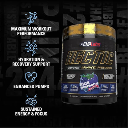 EHP Labs Hectic PreWorkout - High Stim Advanced Pre Workout Powder for Max Performance - Caffeine, Beta Alanine, Coconut Water - Energy, Pump, Recovery & Hydration - 40 Serves (Blue Raspberry)