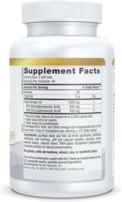 Nordic Naturals ProOmega, Lemon Flavor - 90 Soft Gels - 1280 mg Omega-3 - High-Potency Fish Oil with EPA & DHA - Promotes Brain, Eye, Heart, & Immune Health - Non-GMO - 45 Servings