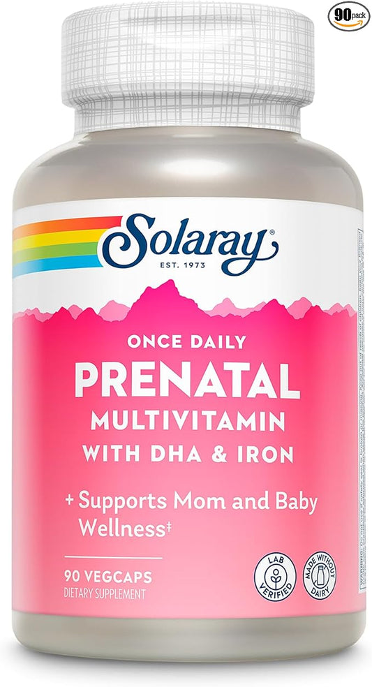 SOLARAY Once Daily Prenatal Multivitamin with DHA & Iron, Prenatal Vitamins and Minerals for Expectant Mothers, Easy Morning Herbal Blend & Whole Food Base, Lab Verified, 90 Servings, 90 VegCaps