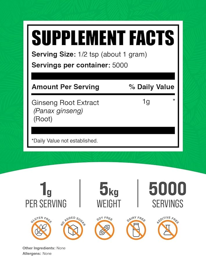 BulkSupplements.com Ginseng Root Extract Powder - Panax Ginseng Supplement, Herbal Supplement - Vegan & Gluten Free, 1g per Serving, 1kg (Pack of 5) (11 lbs)