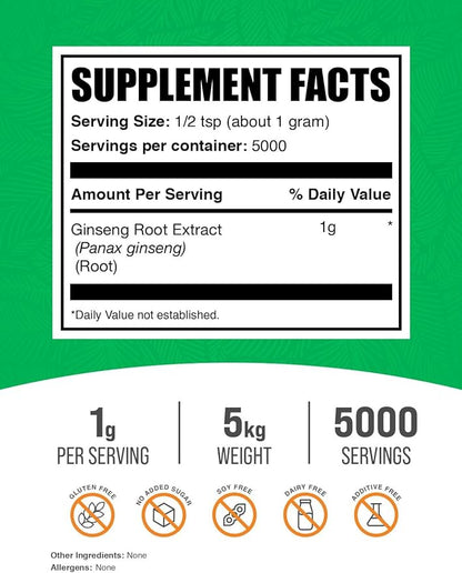 BulkSupplements.com Ginseng Root Extract Powder - Panax Ginseng Supplement, Herbal Supplement - Vegan & Gluten Free, 1g per Serving, 1kg (Pack of 5) (11 lbs)