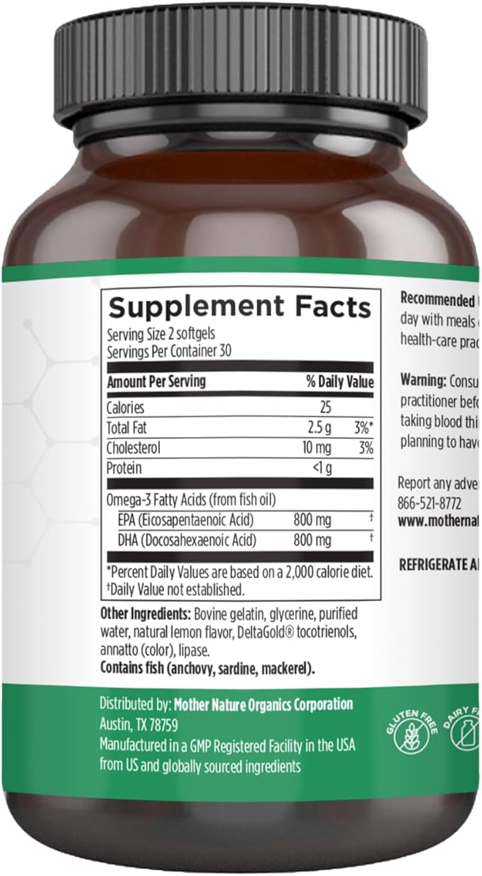 Mother Nature Organics Omega 3 Fish Oil 1600mg – EPA & DHA for Heart, Brain & Joint Health – Lipase for Better Absorption – DeltaGold® Tocotrienols for Freshness – Burpless, Easy to Digest – 60 Count
