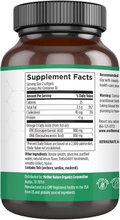 Mother Nature Organics Omega 3 Fish Oil 1600mg – EPA & DHA for Heart, Brain & Joint Health – Lipase for Better Absorption – DeltaGold® Tocotrienols for Freshness – Burpless, Easy to Digest – 60 Count