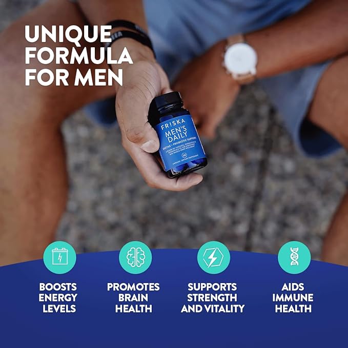 FRISKA Men’s Daily Digestive Enzyme and Probiotics Supplement, Natural Support for Male Digestive Health, Bloating, Gas, Indigestion Relief, Supports Gut Health, Lactase and B-Vitamins, 30 Capsules