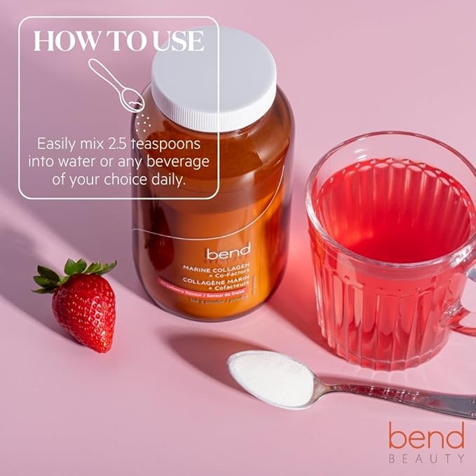 Bend Beauty Marine Collagen + Co-Factors | Strawberry Flavored Collagen Powder | Hydrolyzed Collagen Supplement | Fish Collagen Peptides + Silicon + Vitamin C | Supports Healthy Skin, Hair & Nails