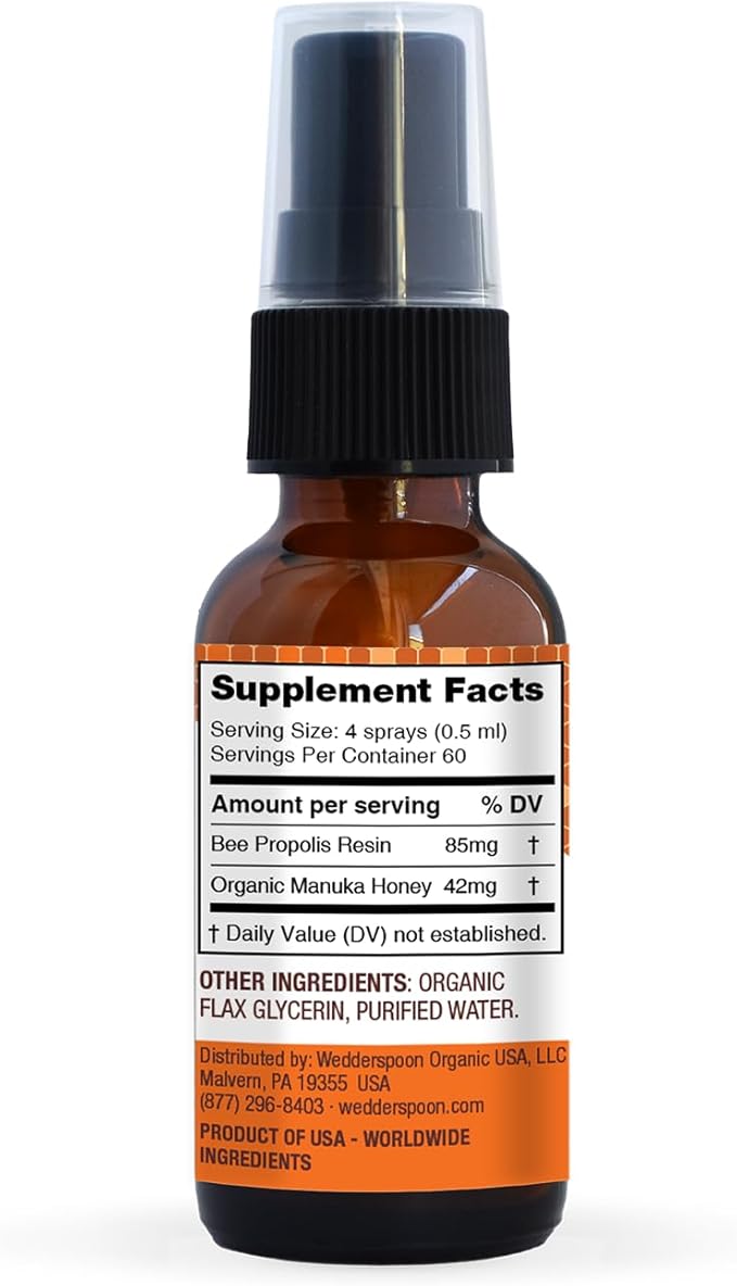 Wedderspoon Propolis and Manuka Honey Throat Spray, Original Honey, 1 Fl Oz (Pack of 1), Sore Throat Relief, Natural Immune Support