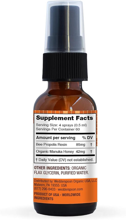 Wedderspoon Propolis and Manuka Honey Throat Spray, Original Honey, 1 Fl Oz (Pack of 1), Sore Throat Relief, Natural Immune Support