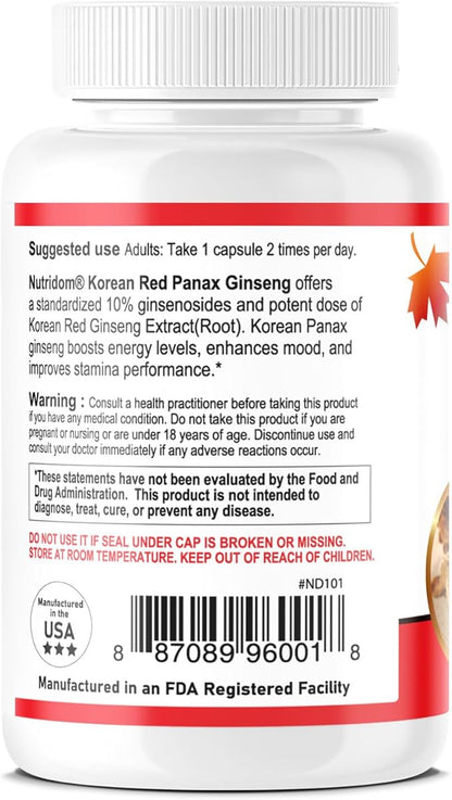 Panax Ginseng Korean-Red 8,300mg per Day, 10% Ginsenosides, Non-GMO, Vegan, Gluten-Free, Soy-Free, and Dairy-Free, 90 Veggie Capsules