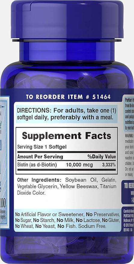 Puritan's Pride Biotin 10000 Mcg, Helps Promote Skin, Hair and Nail Health, Softgels 100 Count (Pack of 2)