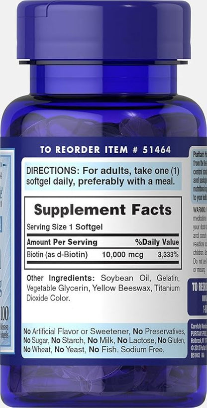 Puritan's Pride Biotin 10000 Mcg, Helps Promote Skin, Hair and Nail Health, Softgels 100 Count (Pack of 2)