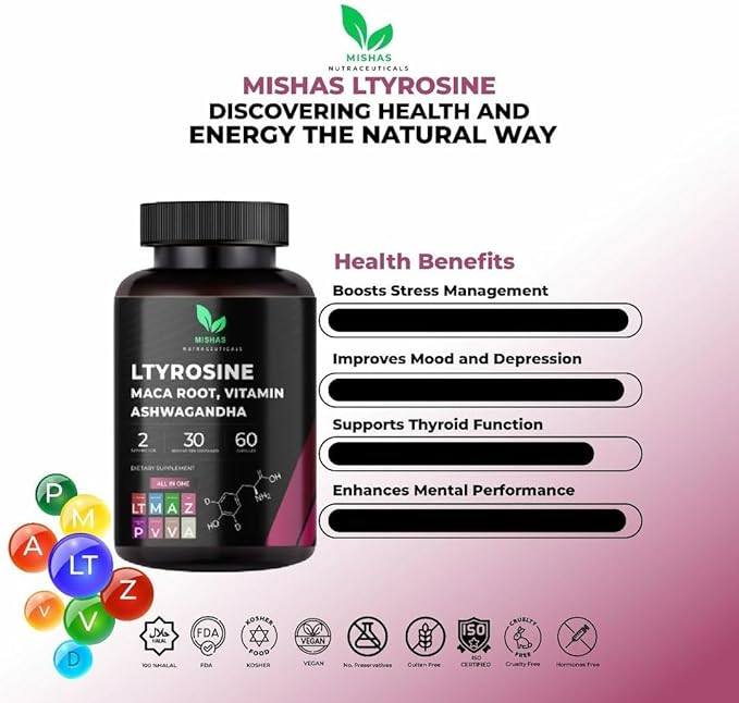 Nutraceuticals L-Tyrosine with Maca Root, Ashwagandha, Vitamins Complex, 60 Capsules, 30 Servings
