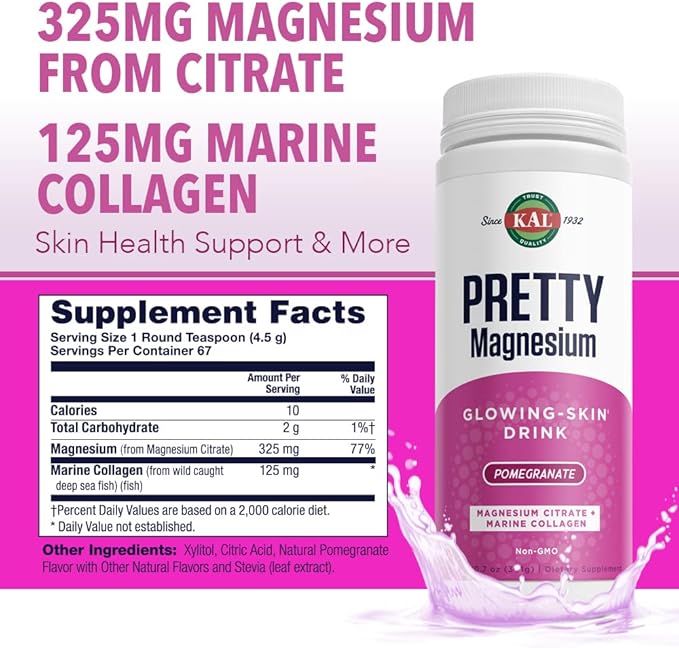 KAL Pretty Magnesium Glowing-Skin Drink | 325mg Mag Citrate + Marine Collagen | Cellular & Skin Health, 10.7oz, 70 Serv.