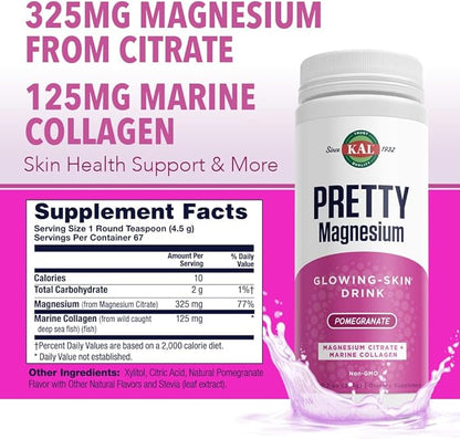 KAL Pretty Magnesium Glowing-Skin Drink | 325mg Mag Citrate + Marine Collagen | Cellular & Skin Health, 10.7oz, 70 Serv.