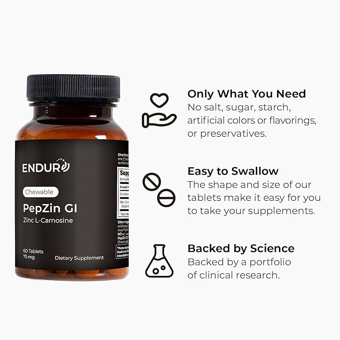 Zinc - PepZinGI 75mg for Immune Function & Digestive Health Support | Zinc Carnosine Supplement | Chewable Zinc Tablets for Adults | Vegan, Non-GMO, Gluten Free - Endurance 60 Chewable Tablets