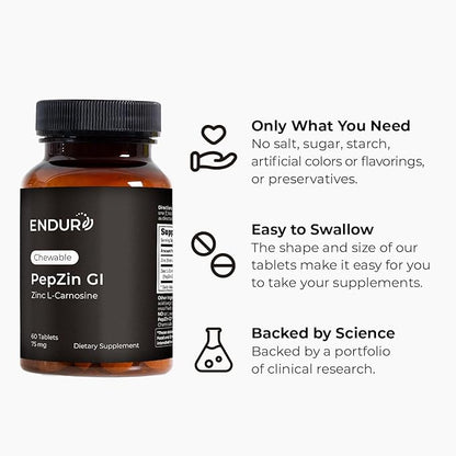 Zinc - PepZinGI 75mg for Immune Function & Digestive Health Support | Zinc Carnosine Supplement | Chewable Zinc Tablets for Adults | Vegan, Non-GMO, Gluten Free - Endurance 60 Chewable Tablets