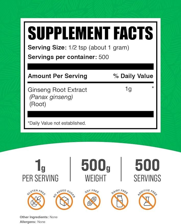 BulkSupplements.com Ginseng Root Extract Powder - Panax Ginseng Supplement, Herbal Supplement - Vegan & Gluten Free, 1g per Serving, 500g (1.1 lbs) (Pack of 1)