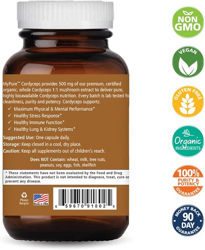 PURE ESSENCE LABS MyPure Cordyceps - Organic Mushroom Supplement - 100% Real Mushroom Extract - Best for Immune Support, Stress Relief, Build Energy for Adult Men and Women (60 Capsules)