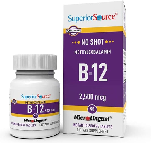 Superior Source No Shot Methylcobalamin B-12 2500 mcg - Vitamin B-12 to Support Energy Production, Brain Health & Overall Wellness - Sublingual Tablets for Quick Absorption - 90 Dissolving Tablets