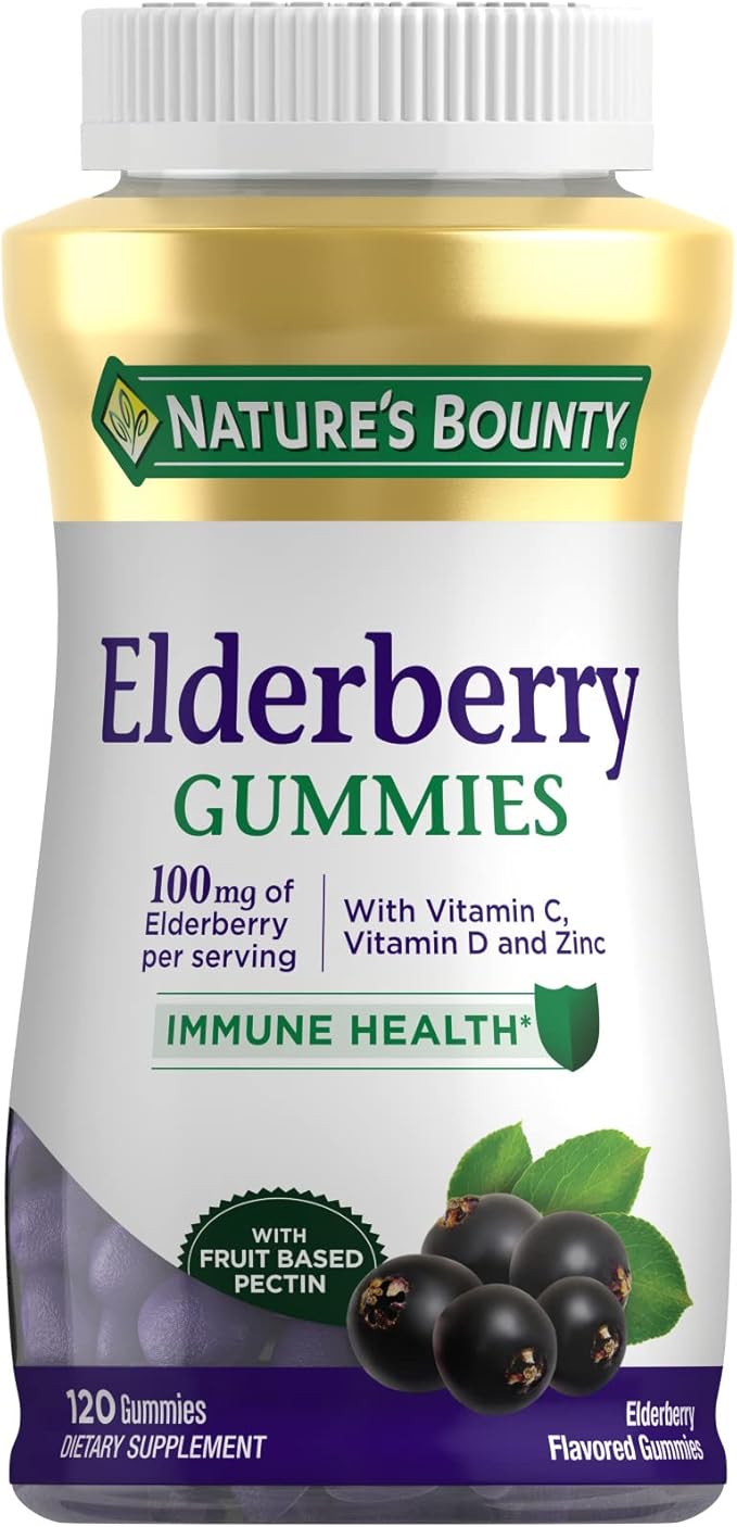 Nature's Bounty Elderberry Gummies, Dietary Supplement, Supports Immune Health, Contains Vitamin A, C, D, E and Zinc, 100 mg, 120 Gummies