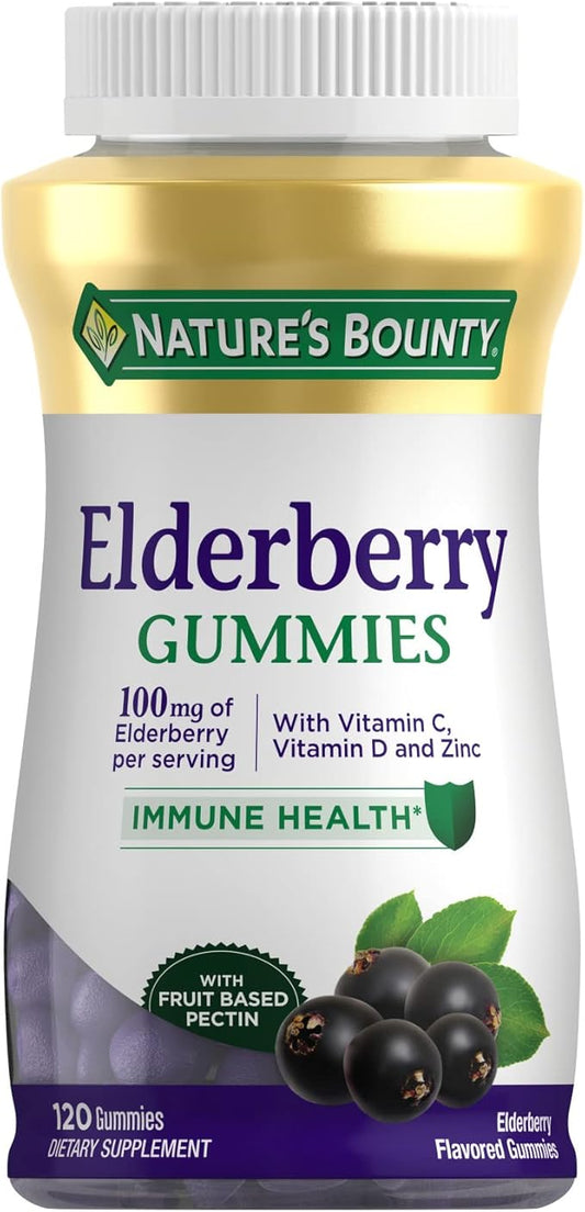 Nature's Bounty Elderberry Gummies, Dietary Supplement, Supports Immune Health, Contains Vitamin A, C, D, E and Zinc, 100 mg, 120 Gummies