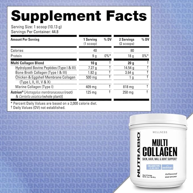 NutraBio Multi Collagen Powder- Hydrolyzed Collagen Peptides for Glowing Hair & Skin- Grass-Fed- Collagen Powder for Women and Men- 45 Servings