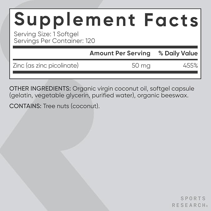 Sports Research High Potency Zinc Picolinate 50mg with Organic Coconut Oil | Highly Absorbable Zinc Supplement for Healthy Immune & Enzyme Function - Non-GMO Tested & Gluten-Free (120 Liquid Softgels)
