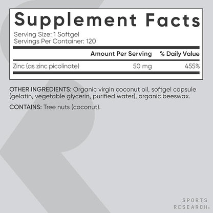 Sports Research High Potency Zinc Picolinate 50mg with Organic Coconut Oil | Highly Absorbable Zinc Supplement for Healthy Immune & Enzyme Function - Non-GMO Tested & Gluten-Free (120 Liquid Softgels)