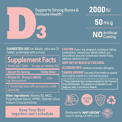 Vitamin D3 2000iu (50 mcg) 1-Year Supply for Immune Support, Healthy Muscle Function, and Bone Health - Non-GMO, Gluten Free, with Vitamin B2 - (Mini Tablets), 360 Count