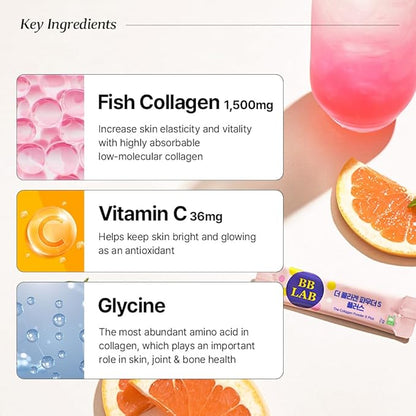 BB LAB Collagen Powder S Plus Halal, Low Molecular Korean Collagen Powder Stick Supplement, Marine, Fish Collagen Peptides, Vitamin C, Glycine, Fast Absorption, Grapefruit Flavor
